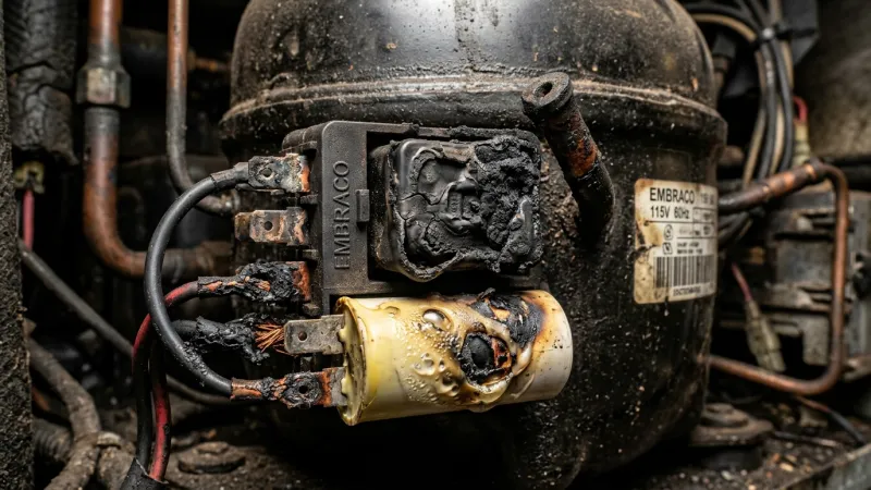 Burnt Out Embraco Compressor PTC Start Relay and Capacitor Before Repair