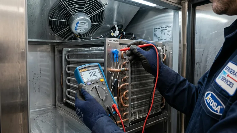Digital Multimeter Measuring Carel NTC Thermistor Probe Kilo-Ohms Inside Atosa Refrigerator