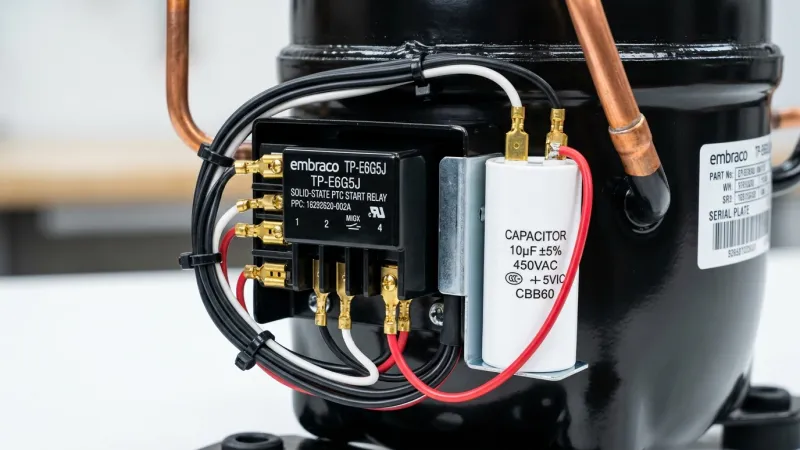 New OEM Embraco Solid State PTC Start Relay and Run Capacitor Installed After Service
