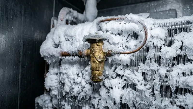 Before: Severe Glacial Frost Buildup on Commercial True Refrigerator Evaporator Johns Creek GA