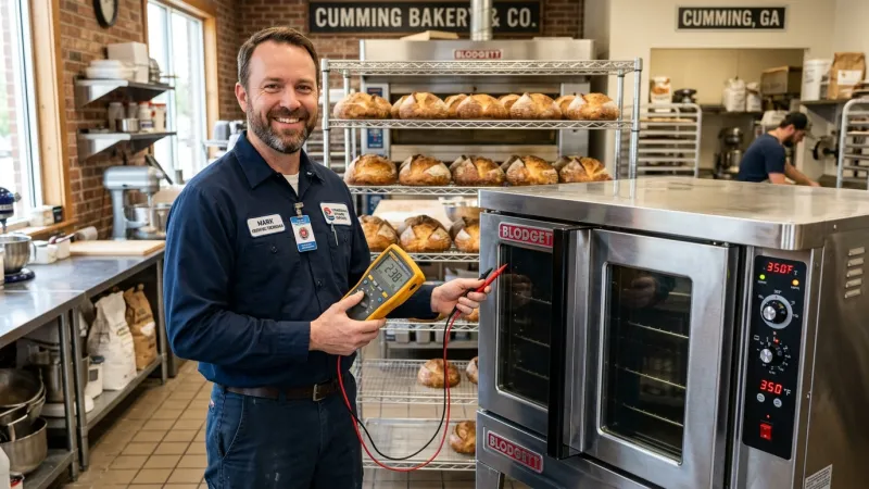 Certified Commercial Food Equipment Technician Testing Restored Blodgett Oven in Cumming GA