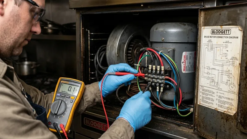 Digital Multimeter Measuring Continuity Across Commercial Convection Oven Motor Terminal Block