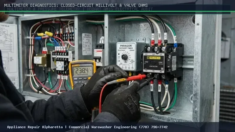 Master commercial cooking technician testing Fenwal 35-60 DSI ignition module with multimeter and microamp meter in Alpharetta GA