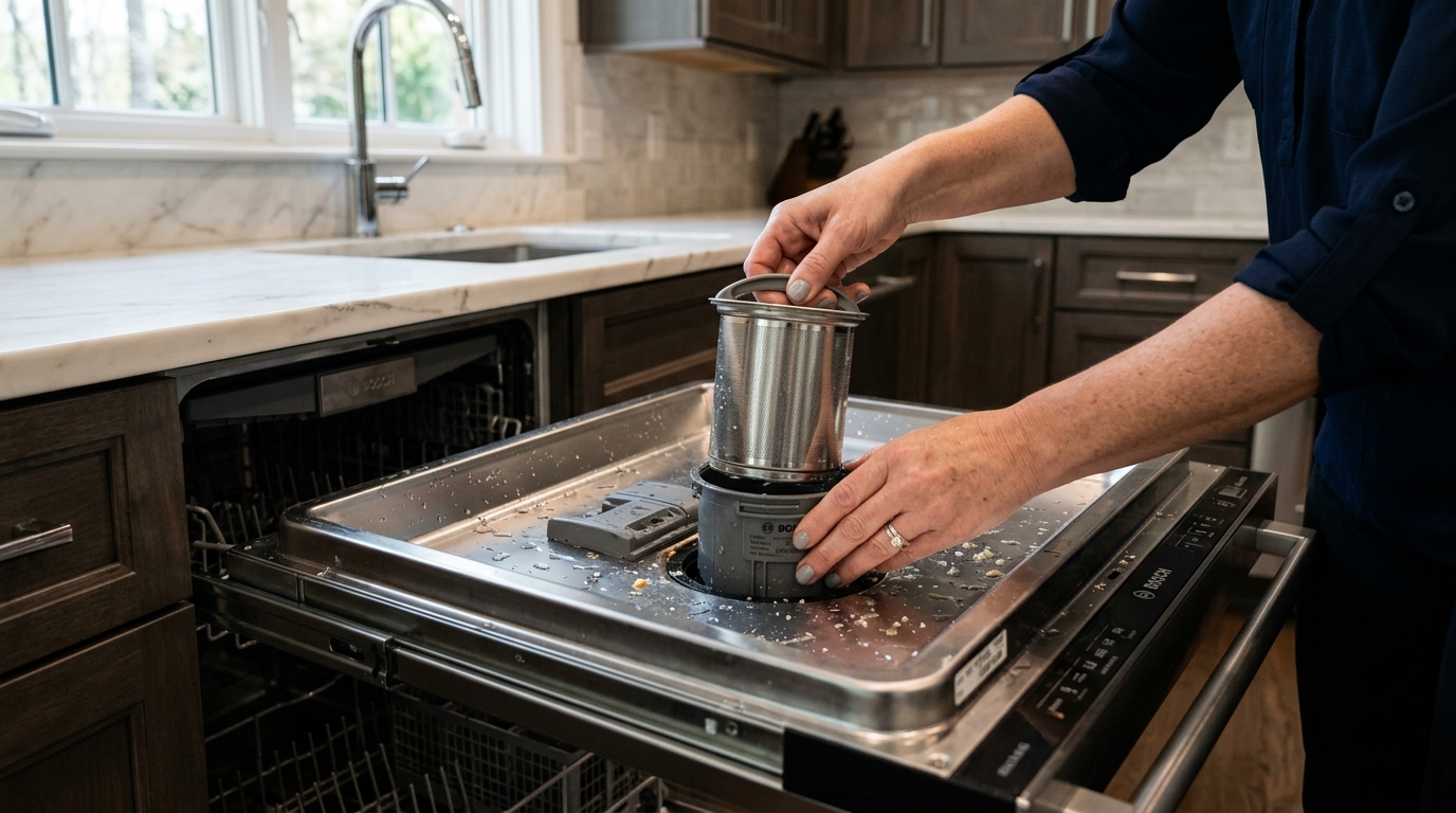 Technician hands pulling out stainless steel micro filter cylinder from Bosch dishwasher sump Alpharetta GA