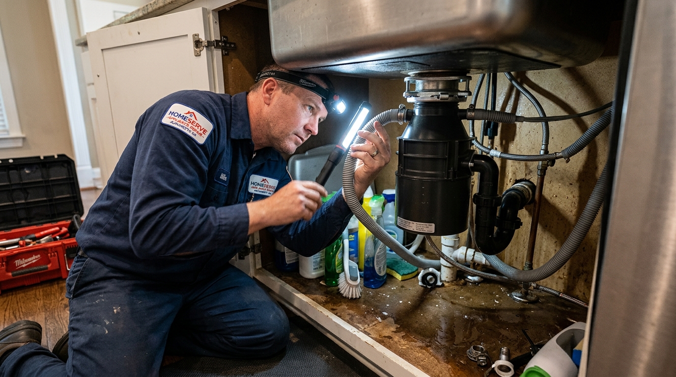 Under sink view of appliance repair technician inspecting corrugated Bosch dishwasher drain hose Alpharetta GA