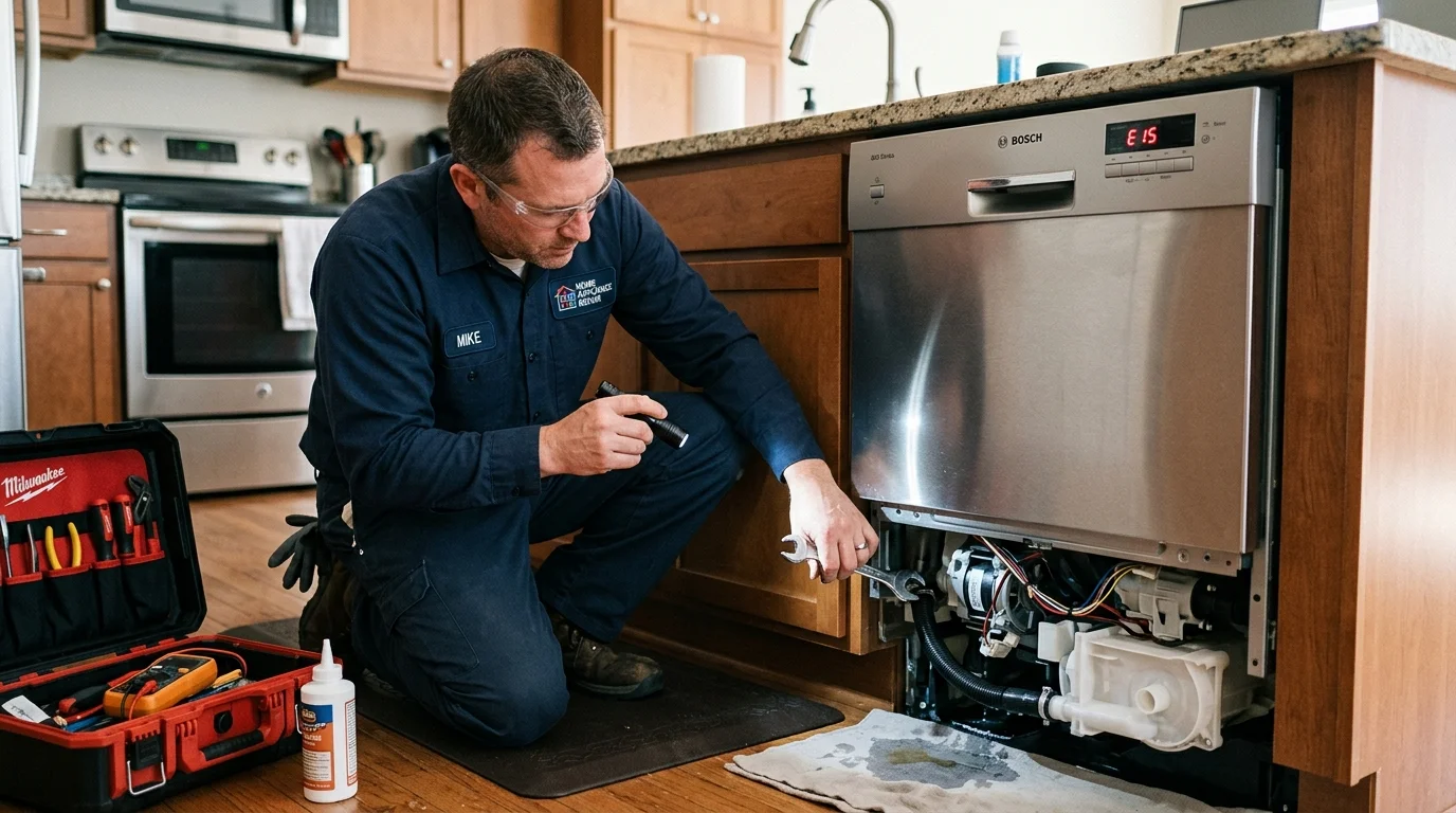 Final testing of Bosch CrystalDry dishwasher running cycle without leaks