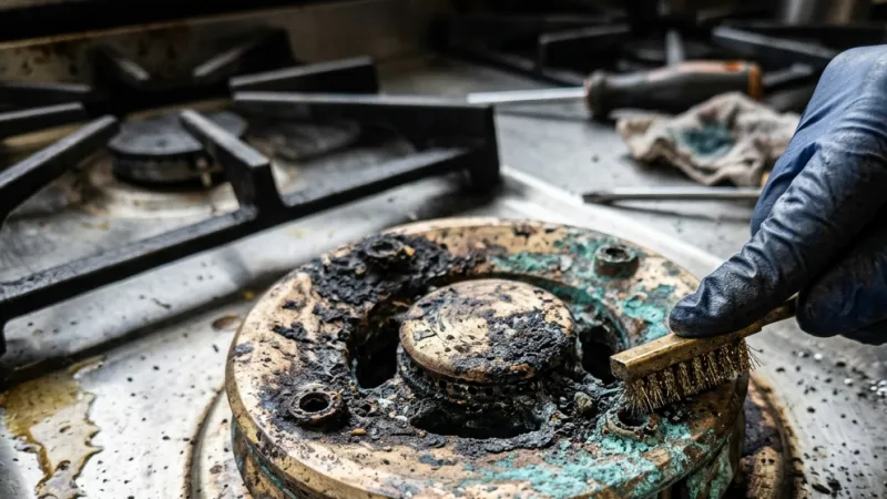 Failed Precision Dual-Flow Gas Burner Head & Ceramic Spark Electrode Before Repair in Byromville GA