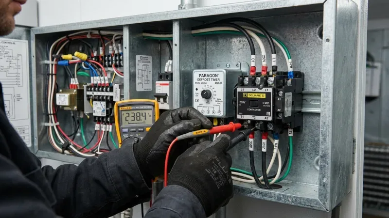 Master commercial cooking technician performing multimeter conductivity testing on Cleveland steamer water level probe in Alpharetta GA