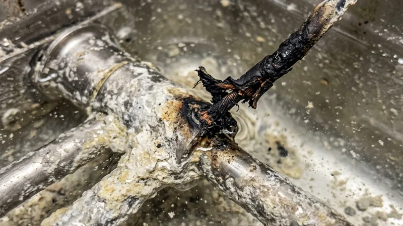 Burned out and heavily calcified commercial dishwasher booster heater immersion element encrusted with mineral scale before repair