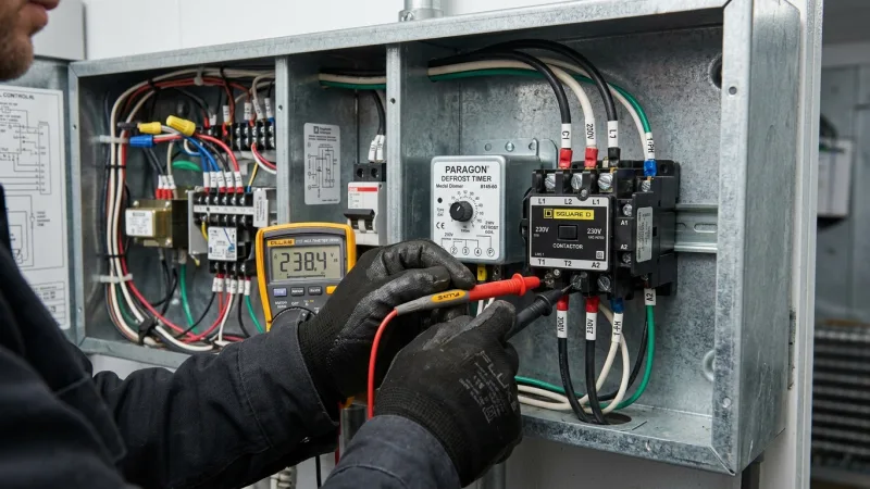 Commercial technician using digital multimeter to test booster heater immersion element ohms and contactor voltage in Alpharetta GA