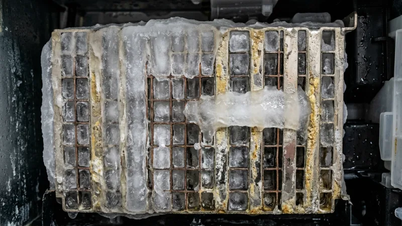 Commercial ice machine evaporator grid choked with frozen solid ice slab and calcium scale before repair