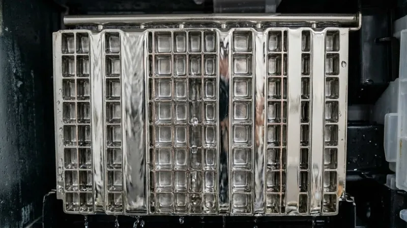 Restored commercial ice machine evaporator grid after chemical descaling and OEM hot gas valve replacement