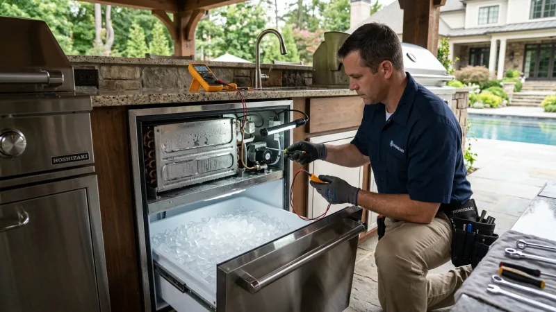 Commercial refrigeration technician testing commercial ice machine electrical components with Fluke multimeter