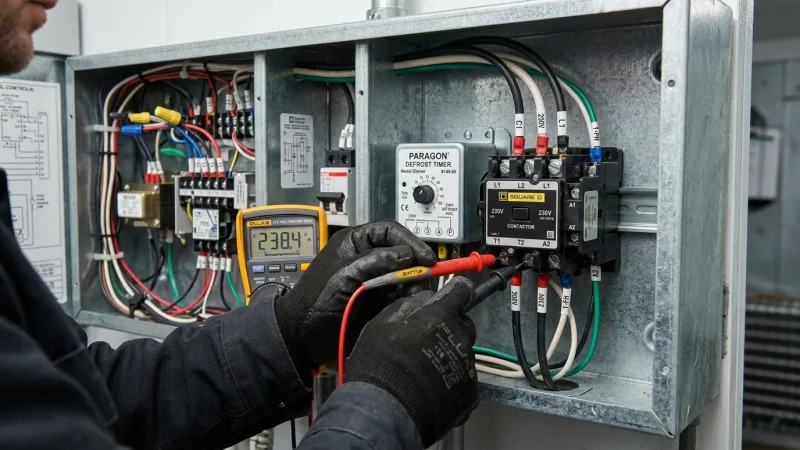 Commercial refrigeration technician using Fluke multimeter on walk in cooler electrical contactor and defrost timer