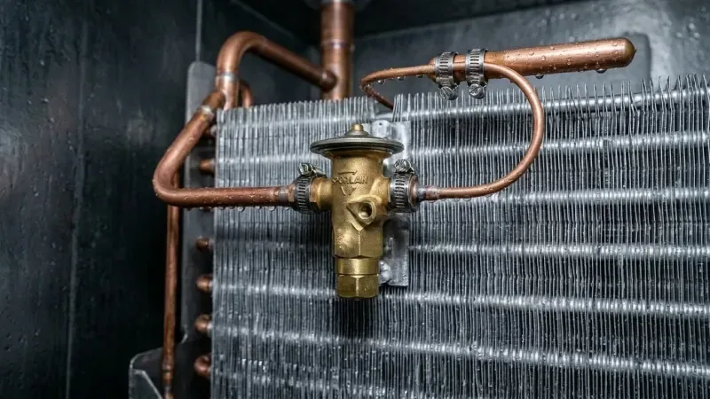 Fully restored and defrosted Continental commercial refrigerator evaporator coil with OEM bimetal thermostat installed