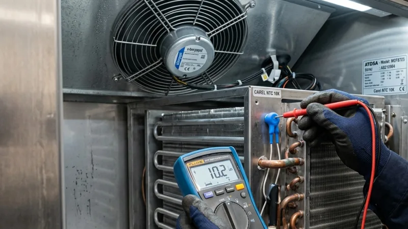 Master Technician performing True-RMS Multimeter Telemetry Testing on Continental Commercial Refrigerator Condensing Unit