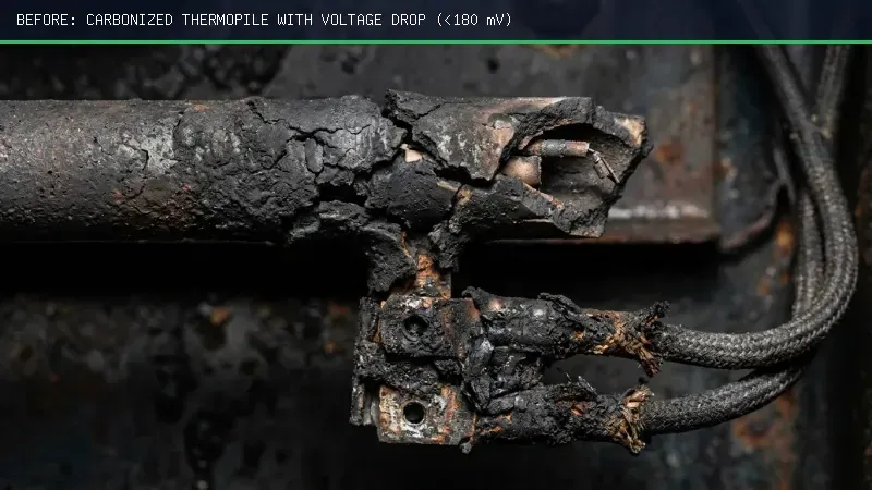 Carbonized failed Dean commercial fryer thermopile causing low millivolt gas valve lockout in Roswell GA
