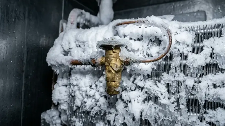 Severely frozen Delfield commercial prep table evaporator coil and seized fan motor before repair