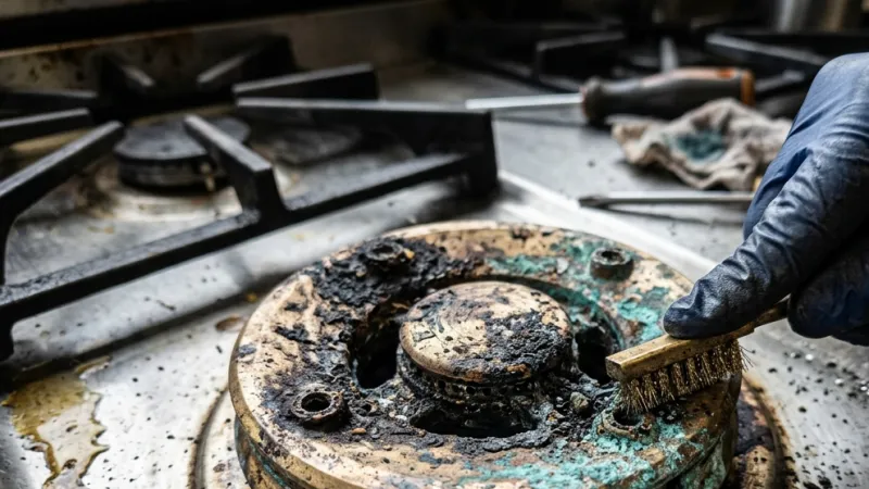 Failed Precision Dual-Flow Gas Burner Head & Ceramic Spark Electrode Before Repair in Fairmount GA