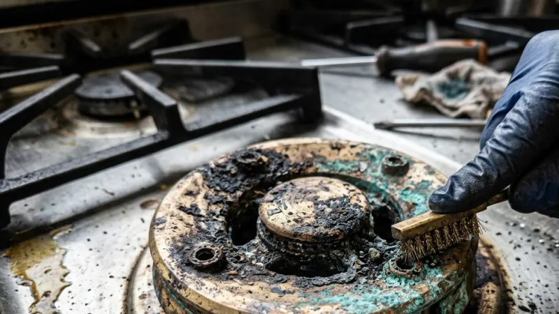 Failed Precision Dual-Flow Gas Burner Head & Ceramic Spark Electrode Before Repair in Flovilla GA