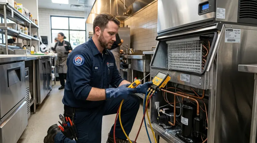 Master commercial ice machine technician providing emergency Follett service in Alpharetta GA