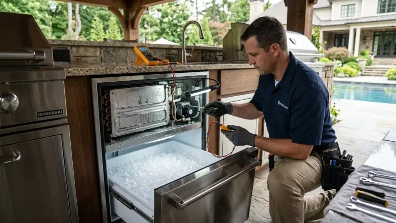 Master commercial ice machine technician performing diagnostics on a Follett ice dispenser in Milton GA