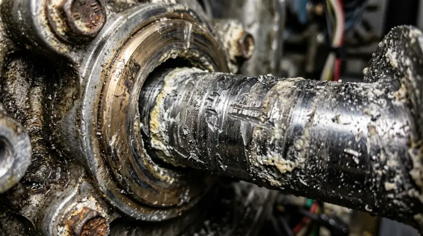 Severely scored Follett commercial ice dispenser auger shaft and seized bronze sleeve bearing covered in calcium scale