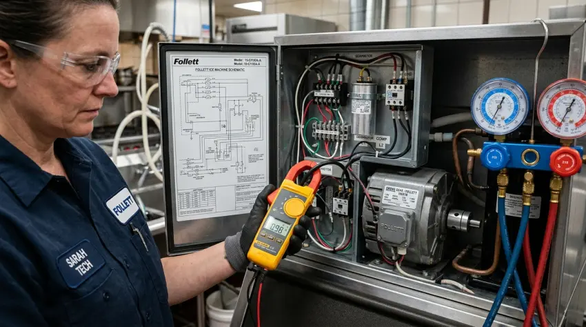 Commercial refrigeration technician measuring gearmotor amp draw on a Follett commercial ice dispenser in Alpharetta GA