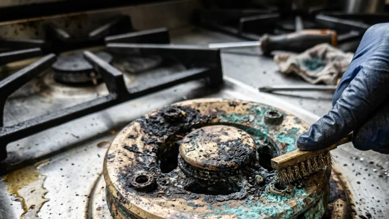 Failed Commercial-Grade Solid Brass Dual-Flame Gas Burner Assembly Before Repair in Forest Park GA
