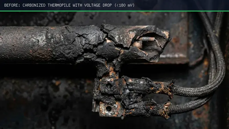 Soot Encrusted and Weak Frymaster Commercial Thermopile Before Repair