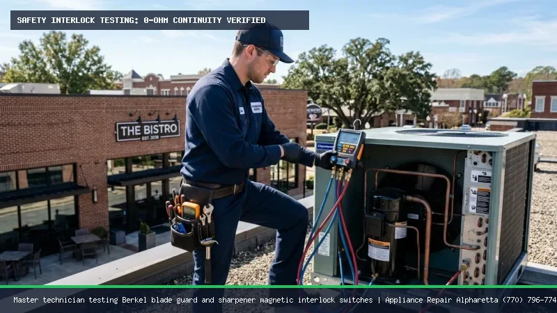 Master commercial food equipment technician servicing Globe meat slicer along Windward Concourse in Alpharetta GA