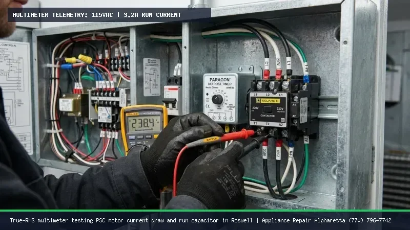 Multimeter capacitance and resistance telemetry testing on Globe commercial meat slicer motor in Alpharetta GA