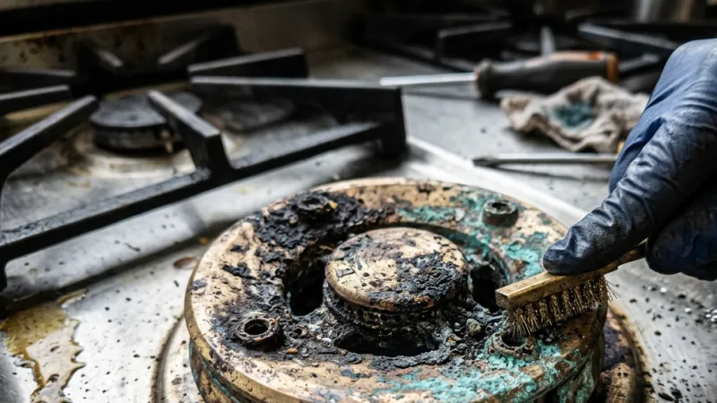 Failed Precision Dual-Flow Gas Burner Head & Ceramic Spark Electrode Before Repair in Haddock GA