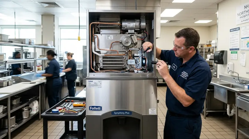 Master commercial refrigeration technician inspecting a Follett nugget ice dispenser auger drive in an Alpharetta GA facility