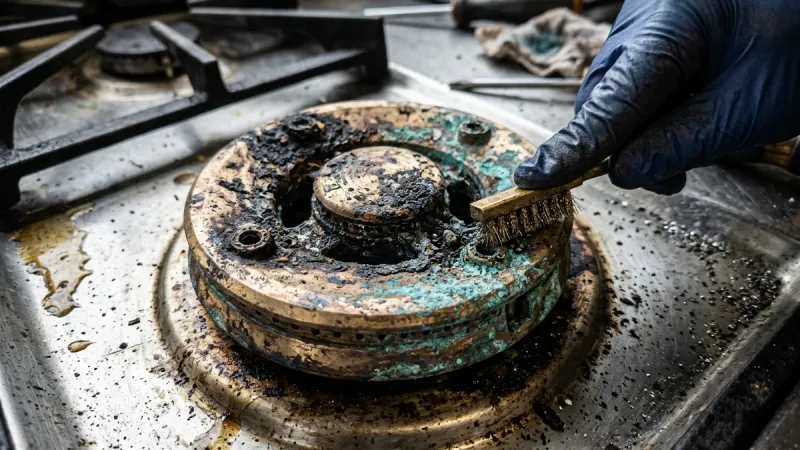 Failed Commercial-Grade Solid Brass Dual-Flame Gas Burner Assembly Before Repair in Hiram GA