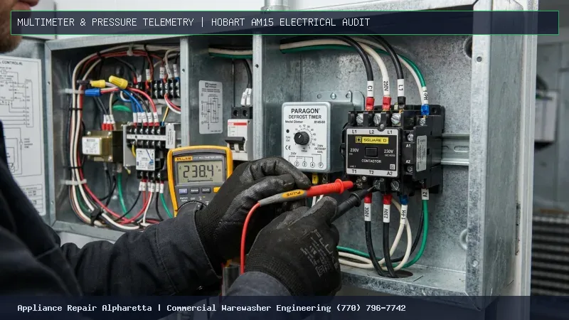 Commercial Technician Testing Hobart AM15 Electrical Components With Digital Multimeter in Alpharetta