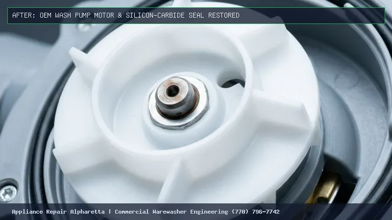 Restored Hobart AM15 Wash Pump with OEM Impeller and Shaft Seal After Repair