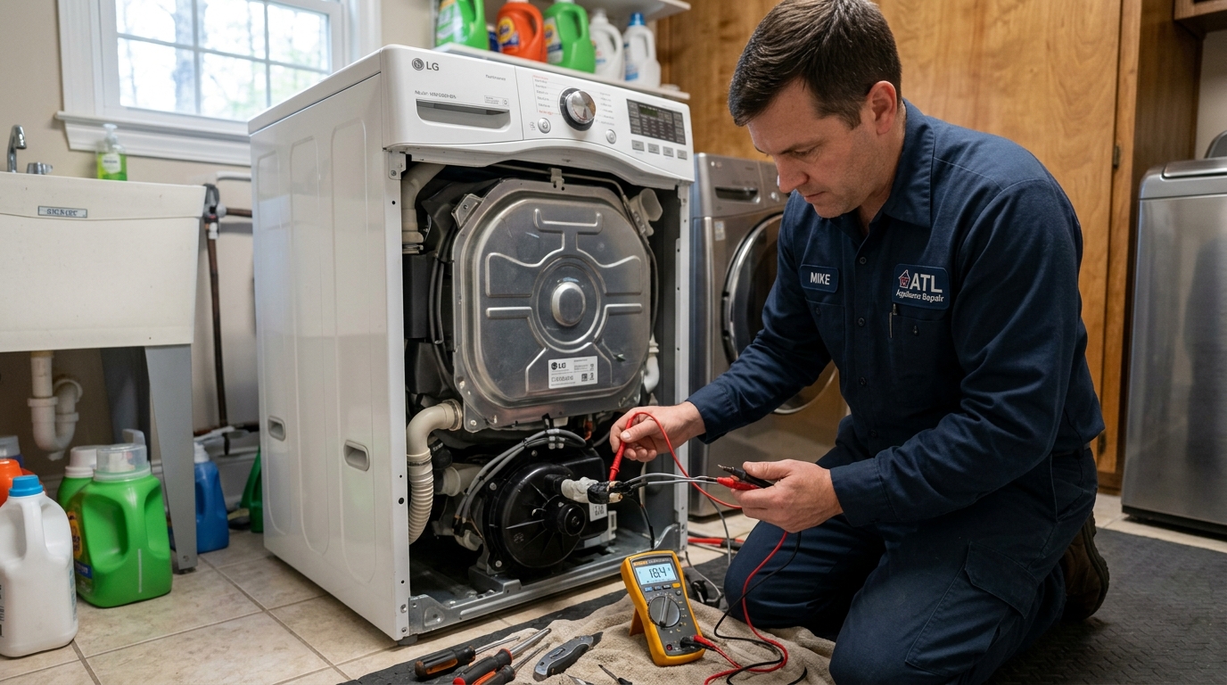 Technician using digital multimeter to measure resistance across LG drain pump motor terminals Milton GA