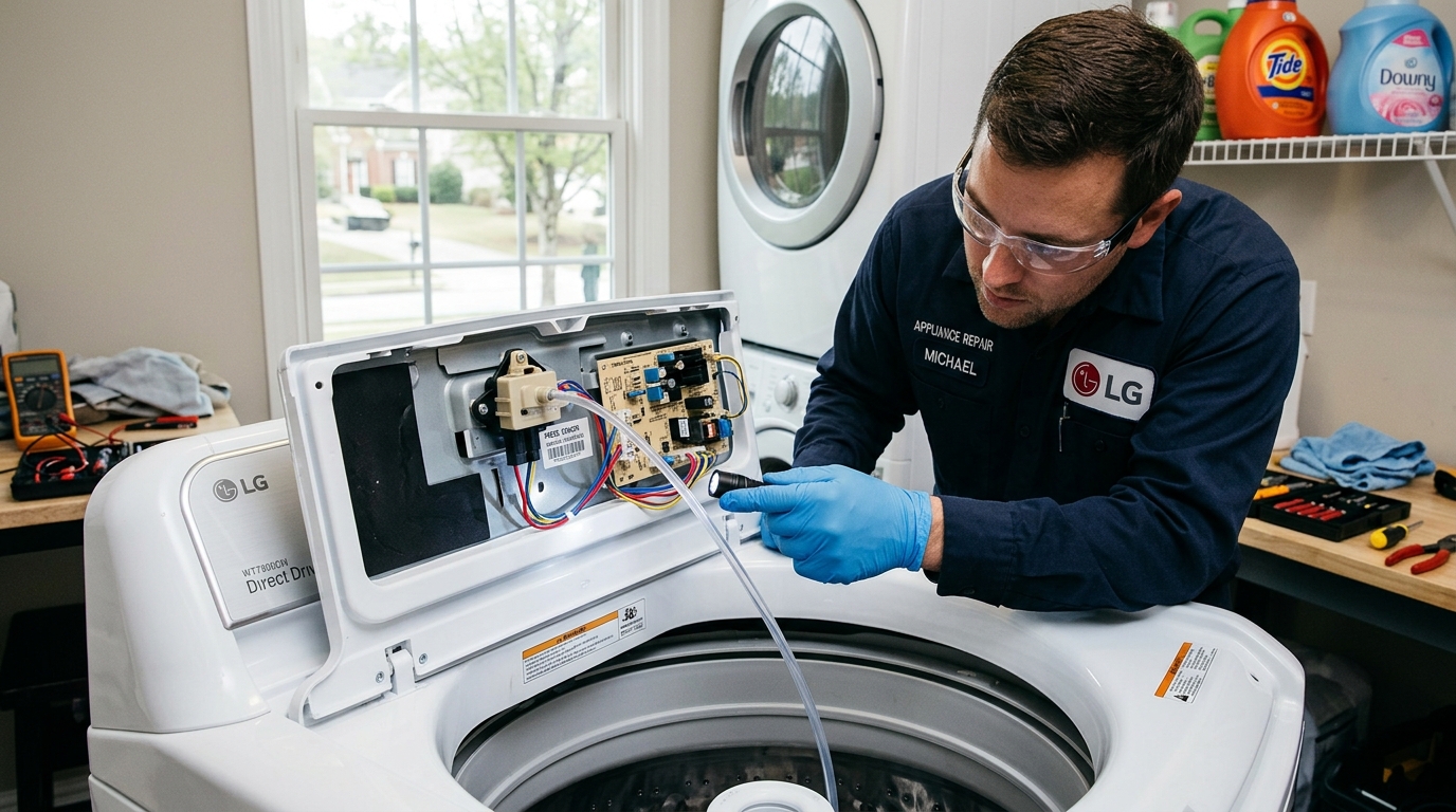Technician inspecting water level pressure sensor switch and plastic air tube on LG washer Milton GA
