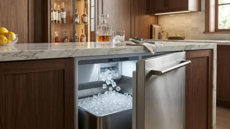 Fully restored commercial Manitowoc ice machine bin filled with crystal clear dice ice cubes in Roswell GA