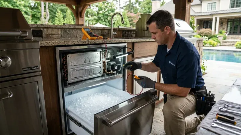Master commercial refrigeration technician using digital multimeter to test Manitowoc water curtain switch and thickness probe in Roswell GA