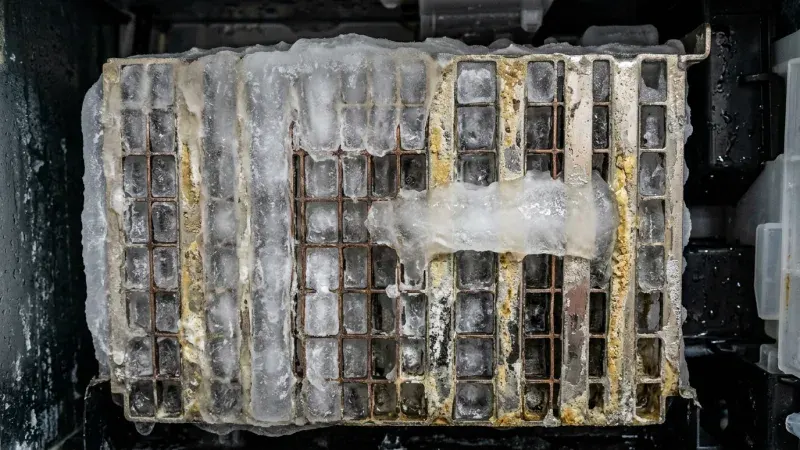 Manitowoc ice machine evaporator frozen into solid block causing Error E03 harvest fault before repair