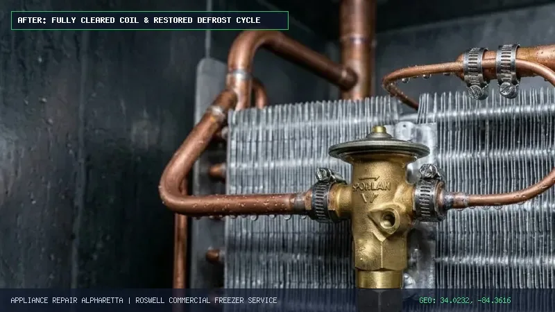 Fully restored Master-Bilt commercial walk-in cooler evaporator coil with calibrated Sporlan TXV expansion valve operating at optimal superheat