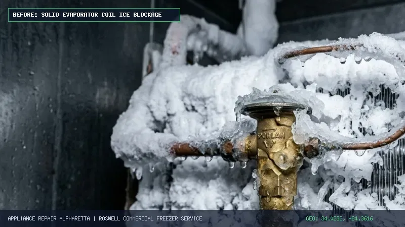 Starved Master-Bilt commercial walk-in cooler evaporator coil iced over due to restricted TXV expansion valve before repair