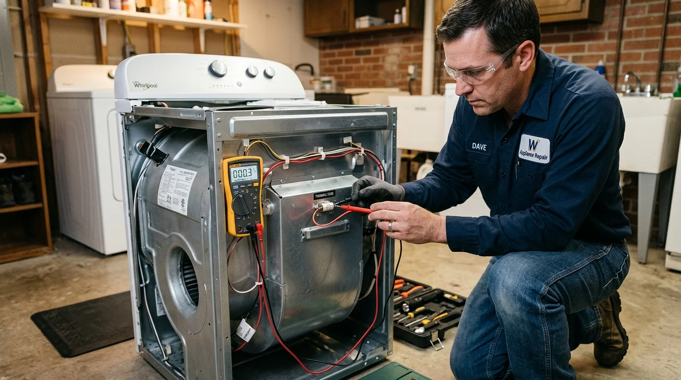 Appliance repair technician explaining Maytag dryer repair to homeowner