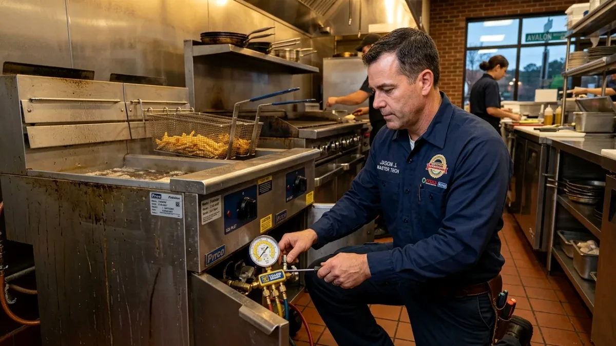 Master Commercial Kitchen Technician Performing Pilot Repair on Pitco Fryer in Milton GA