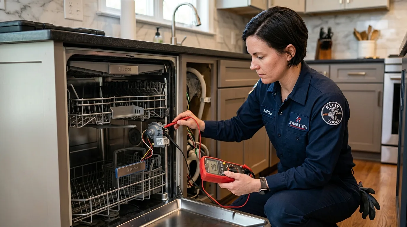 Technician inspecting Bosch 800 Series dishwasher drain pump and sump cleanout in Alpharetta GA
