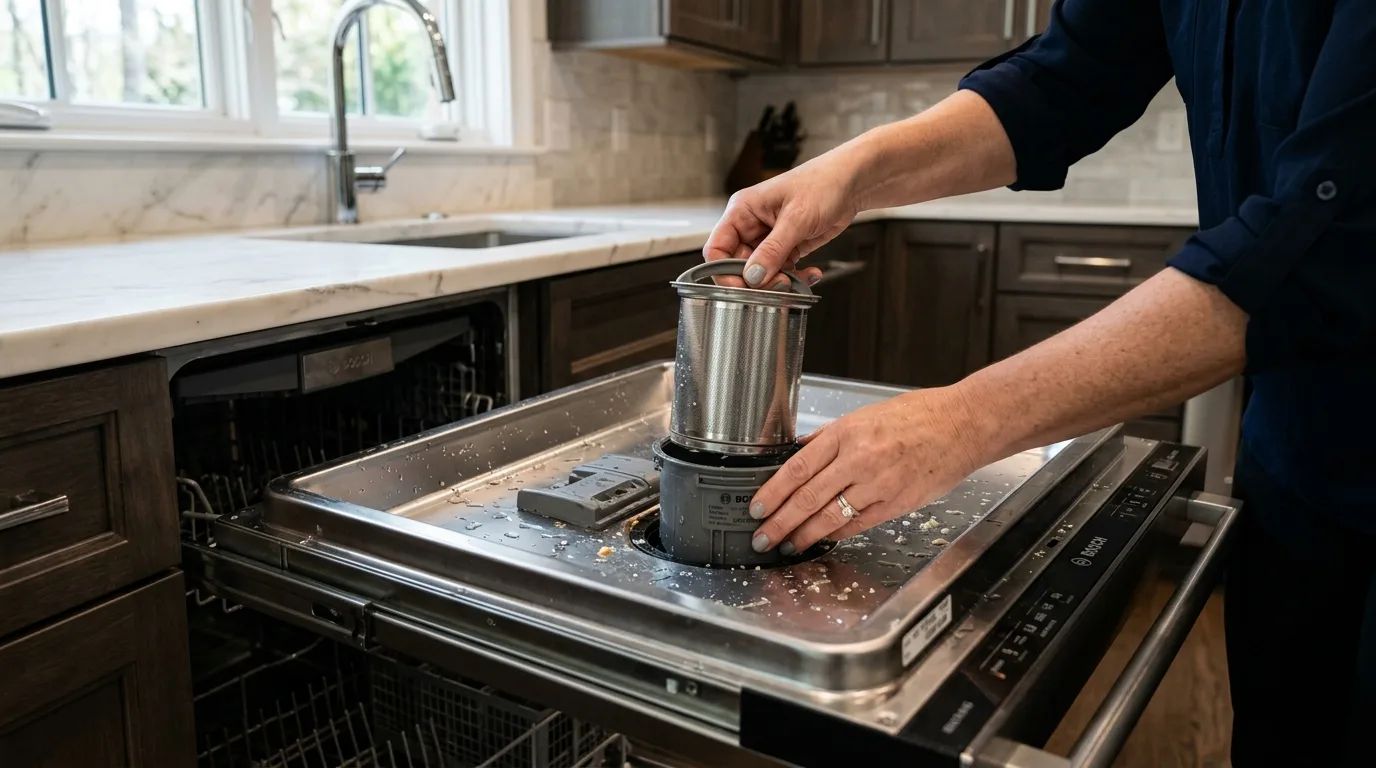 Cleaning fine mesh sump filter basket and drain check valve on Bosch dishwasher in Roswell GA