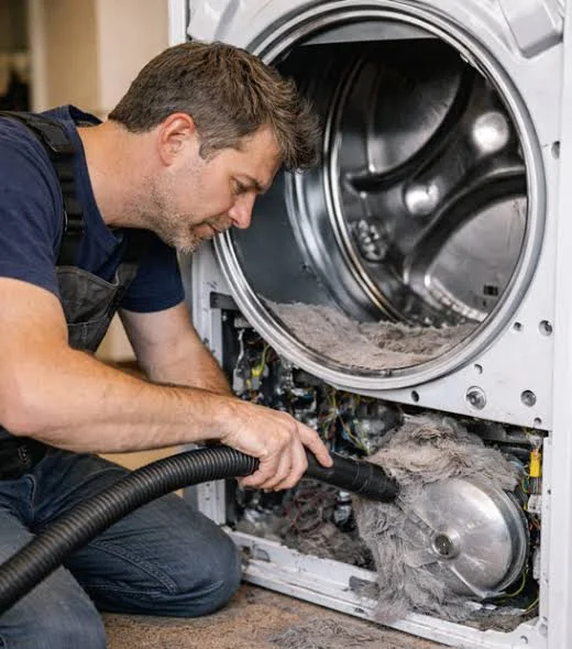 Deep internal dryer lint removal preventing household fire hazards in Alpharetta