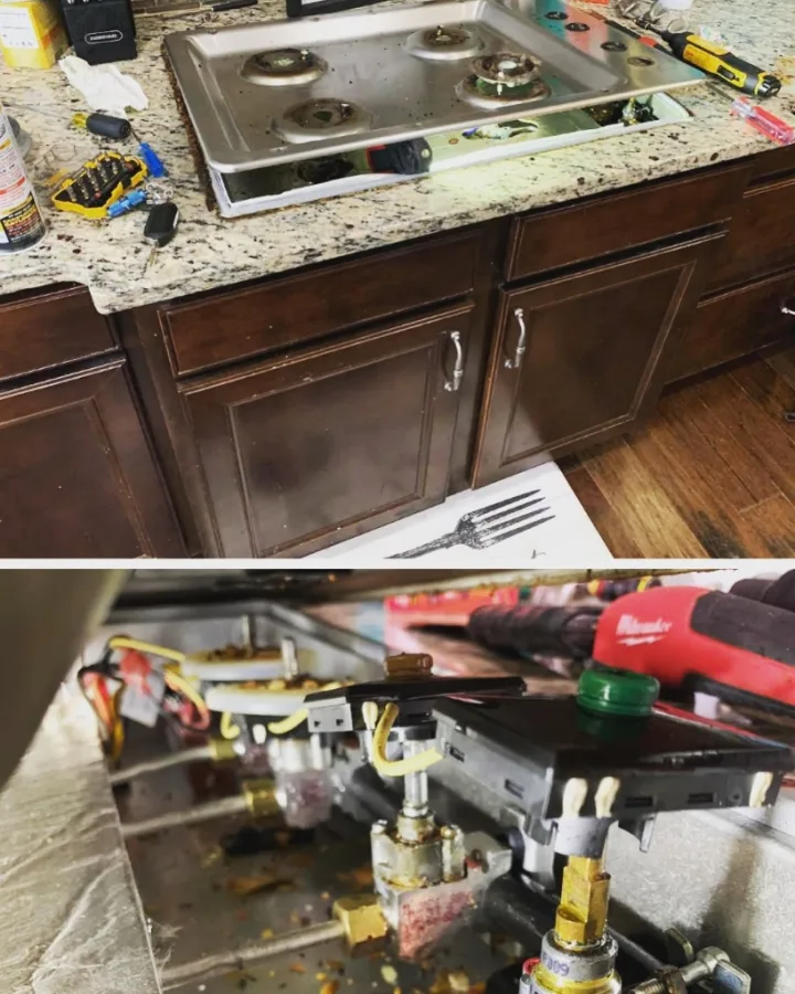 Gas cooktop lifted with microswitches and Milwaukee cordless ratchet in Alpharetta